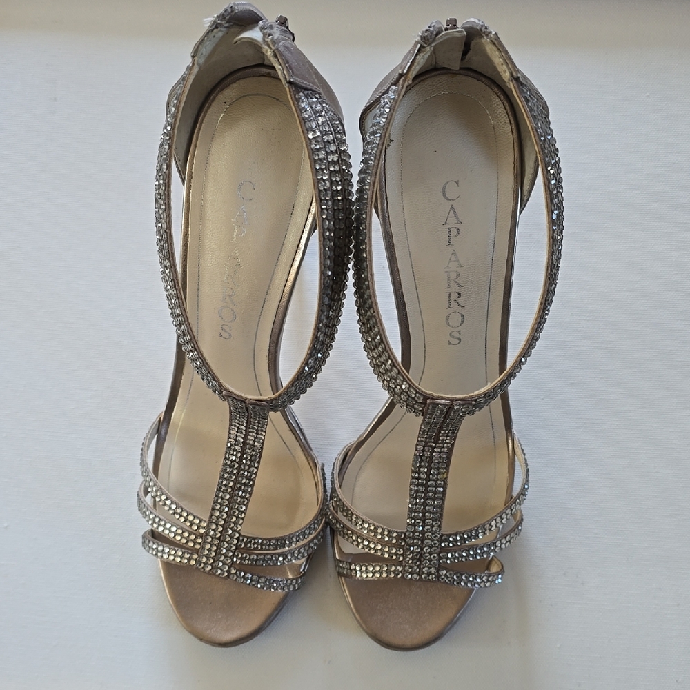 Caparros Taupe Rhinestone T-Strap Heels